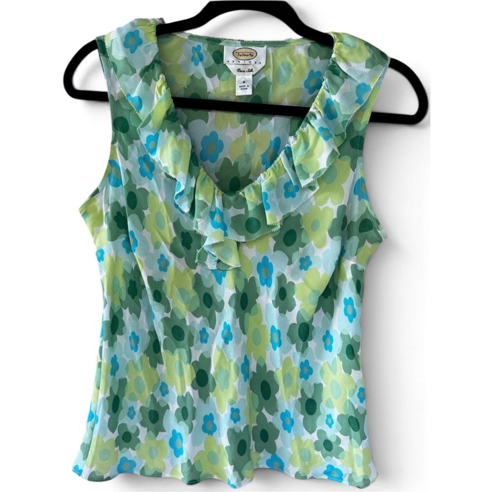 Talbots Petites Blouse Women 8 Green Floral Y2K Vintage Pure Silk Ruffle Tank